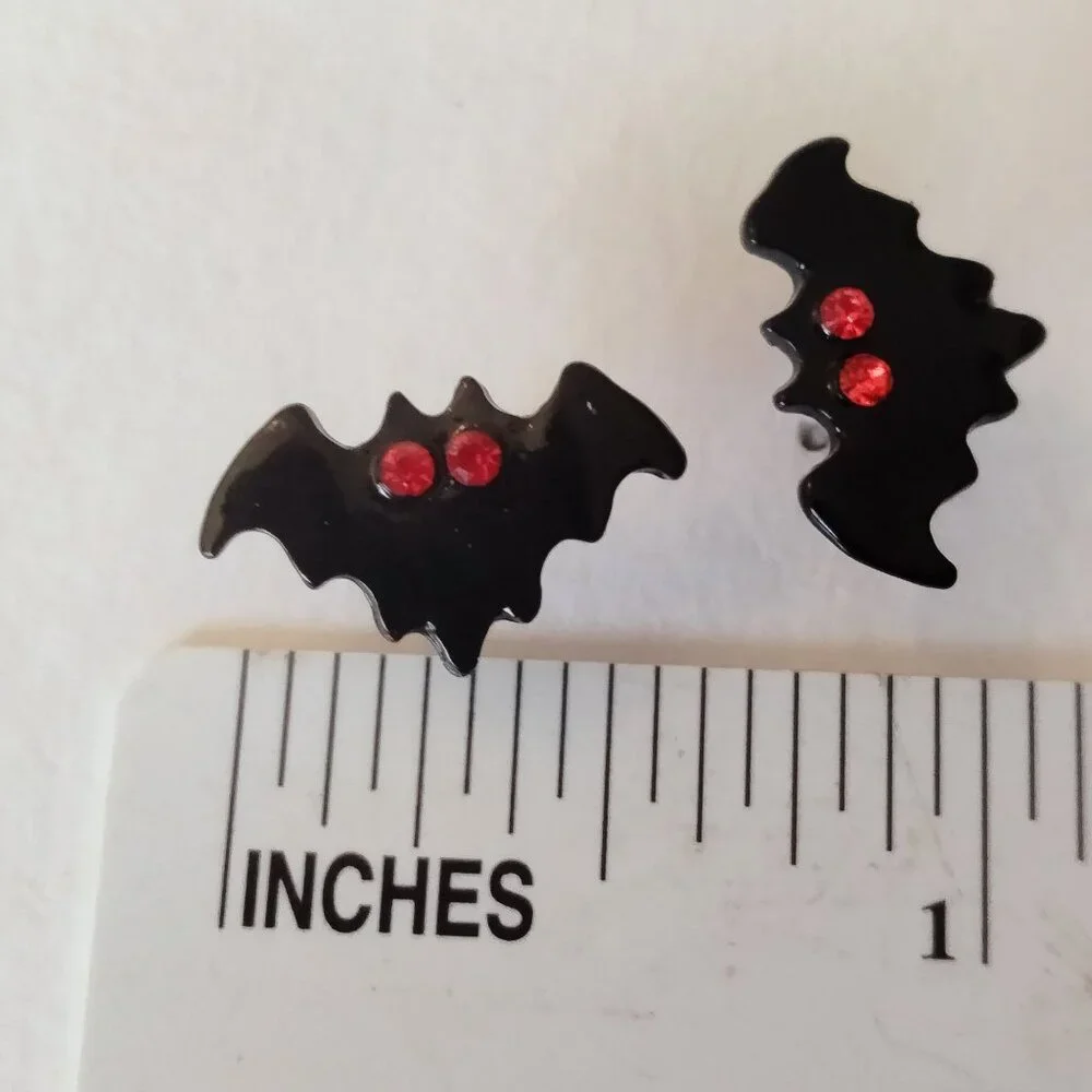 Black Bat Earrings Red Rhinestone Eyes Small Post Goth Halloween